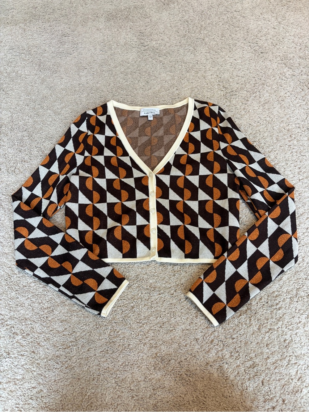 & Other Stories Brown White Orange Jacquard Geometric Cardigan Sweater Small